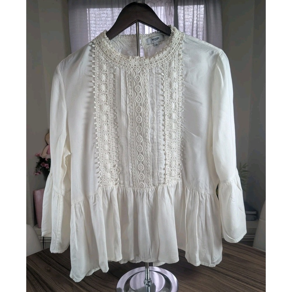 Kensie Jeans Women's Ivory Lace Peplum Bell Sleeve Blouse Size Large